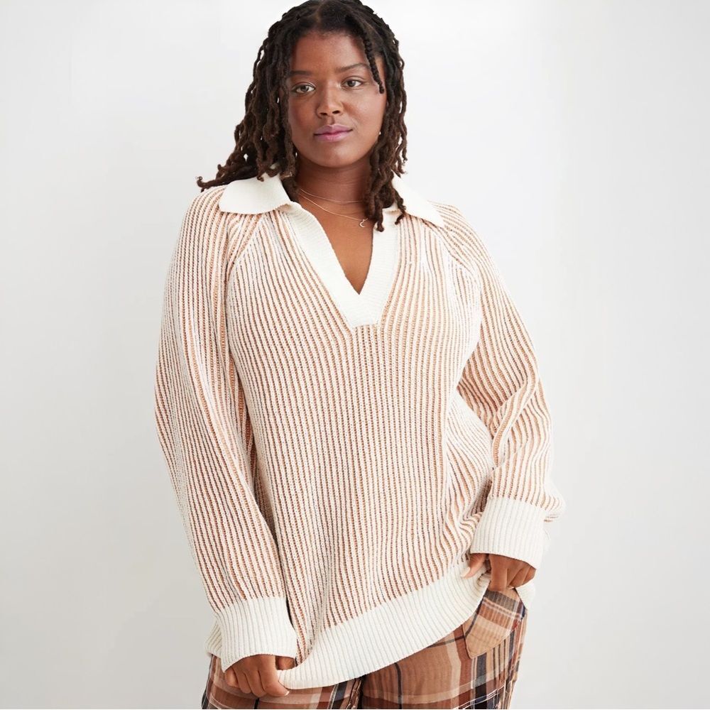 Aerie Sugar Rush Chenille Striped Collared Sweater in Beach Dune | Small